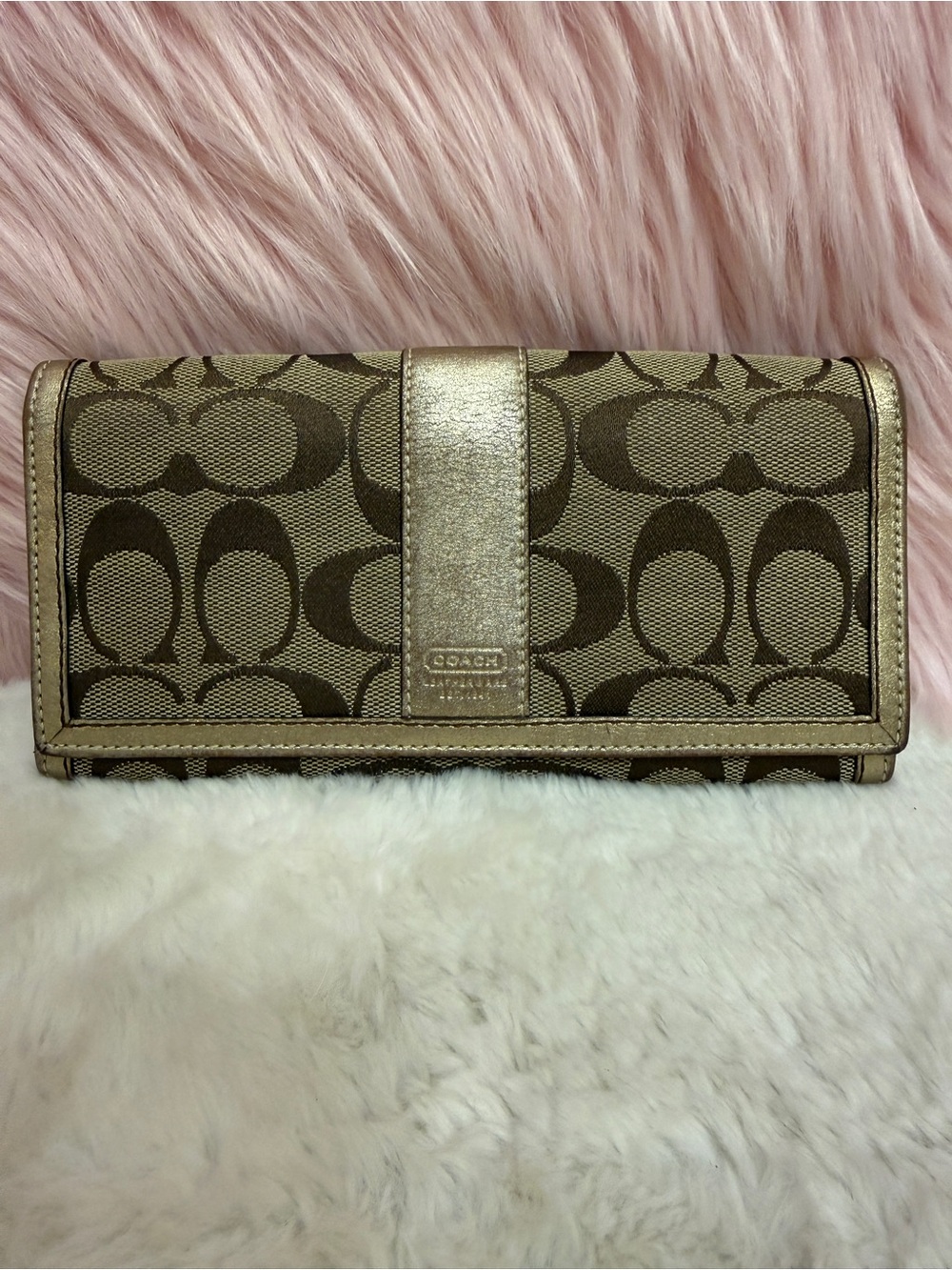 Coach Brown Signature Continental Wallet with Metallic Gold Strap